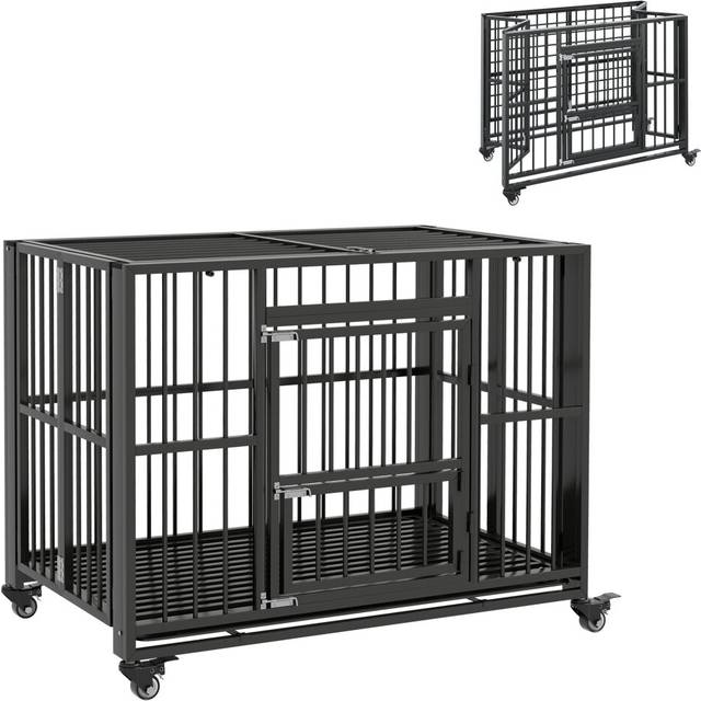 43" Foldable Heavy Duty Dog Crate w/ Locks, Removable Tray, Wheels - Black - One Size