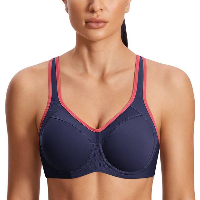 SYROKAN Womens Full Support High Impact Racerback Lightly Lined Underwire Sports Bra True Navy 32E
