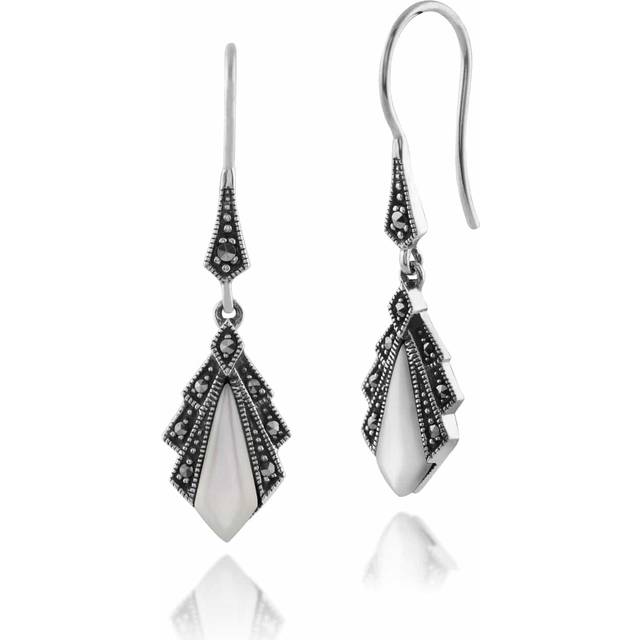 Art Deco Style Diamond Mother of Pearl & Marcasite Drop Earrings in 925 Sterling Silver