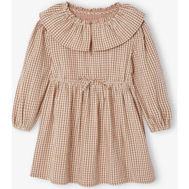 Gingham Dress with Wide Neckline, for Girls chequered brown