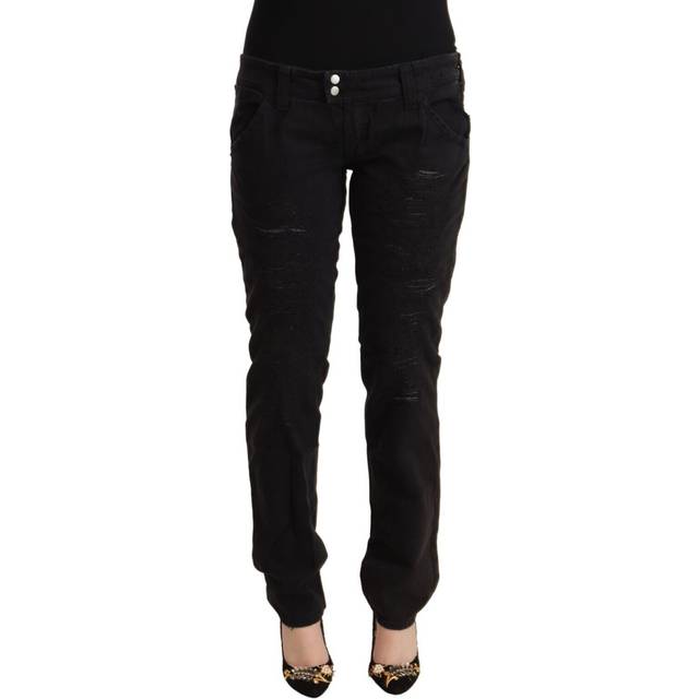 CYCLE Black Cotton Distressed Low Waist Slim Fit Denim Jeans - W31