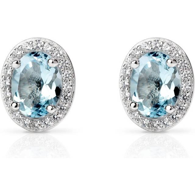 John Greed Signature Silver Blue Topaz & CZ Oval Halo Stud Earrings For Women - blue/silver