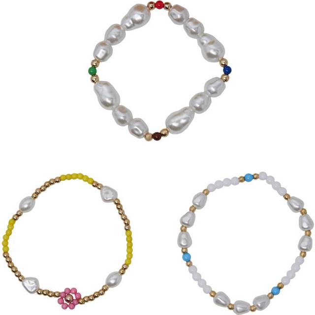 Pieces Mania Bracelet 3 Pack faux pearl layered stacked stack summer bracelets gold beads multi multicoloured flower flwoer - O/S, Gold