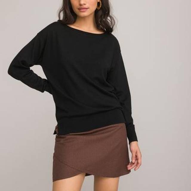 Fine Knit Jumper with Boat Neck - Black - S