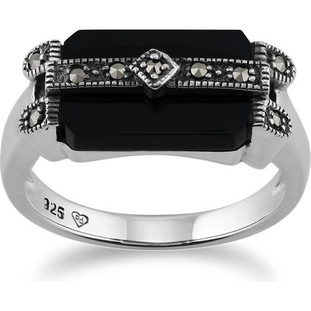 Art Deco Style Rectangle Black Onyx & Marcasite Bar Ring in 925 Sterling Silver