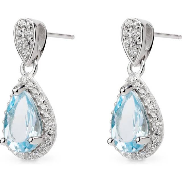 John Greed Signature Silver Blue Topaz & CZ Teardrop Halo Drop Earrings For Women - blue/silver