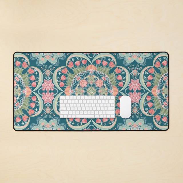 Desk Mat Boho Blossom Pink Poppies Medallion  Large Gaming Mouse Pad 35x16 inch