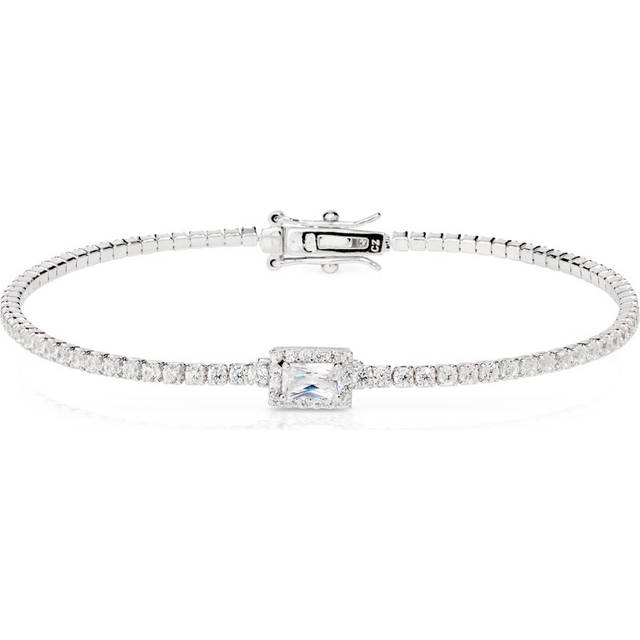 John Greed Signature Silver CZ Emerald Cut Halo Tennis Bracelet For Women - silver