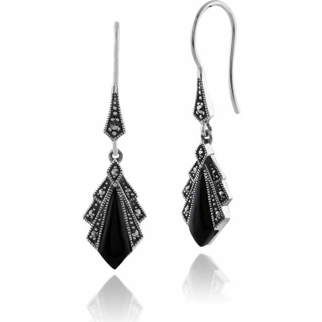 Art Deco Style Diamond Black Onyx & Marcasite Drop Earrings in 925 Sterling Silver