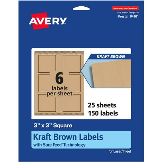 "Avery Kraft Brown Square Labels with Sure Feed  3"""""""" x 3""""""""  150 Kraft Brown Labels  Print-to-The-Edge  Laser/Inkjet Printable Labels"