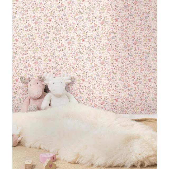 Grandeco Liberty Floral Bunny Trail Nursery Textured Wallpaper 10m x 53cm Pink, Pink