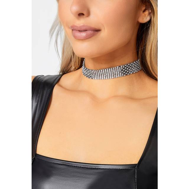 Silver Chain Mail Diamante Choker Necklace - ONE SIZE