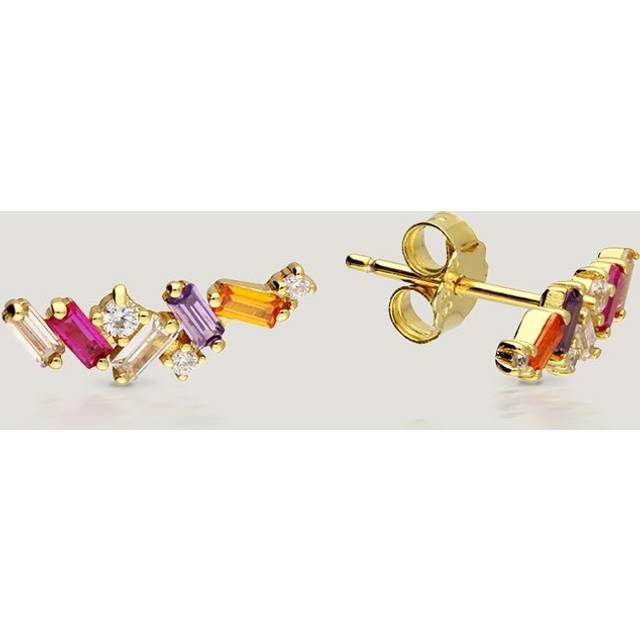 John Greed CANDY Sky Gold Plated Rainbow Baguette CZ Climber Earrings For Women - gold