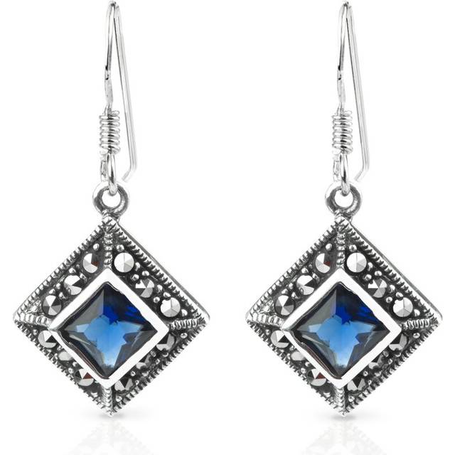 John Greed Signature Silver Marcasite & Sapphire CZ Square Drop Earrings For Women - silver