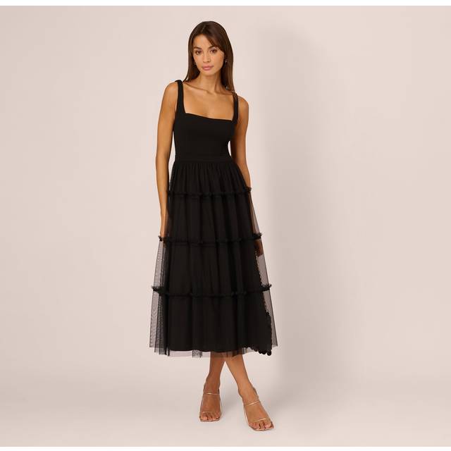 Sleeveless Midi Dress With Square Neck And Tiered Skirt In Black - 18
