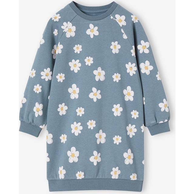 Fleece Dress with Bright Flowers for Girls grey blue