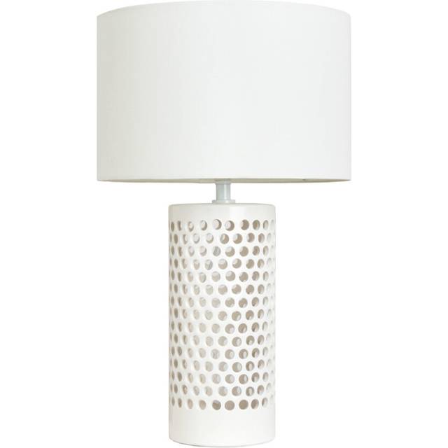 Litecraft table lamp pierced ceramic base with white fabric drum shade - white
