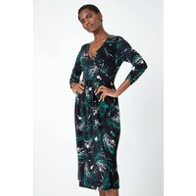 Roman Womens Abstract Print Wrap Midi Stretch Dress - Green - Size 10 UK