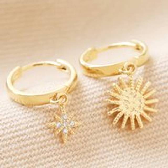 Sunburst and Star Charm Huggie Hoop Earrings in Gold - gold - one size