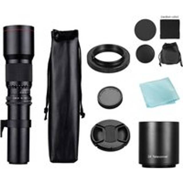 Camera Super Telephoto Lens 500mm F/8.0-32 Manual Zoom T-Mount + 2X 500mm Teleconverter Lens + black