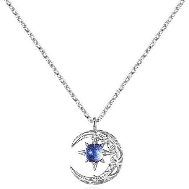 Sparkling Zircon Crystal Necklace for Women Teen Girls,Blue Starry Sky Galaxy Sun Moon Pendant Necklace,Simple Fashionable Star Necklace - Silver