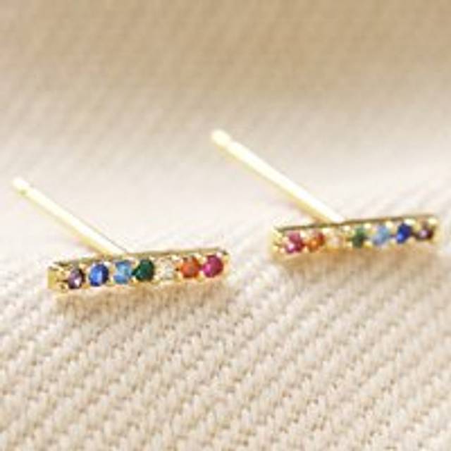 Rainbow Crystal Bar Stud Earrings in Gold - gold/red/blue - one size
