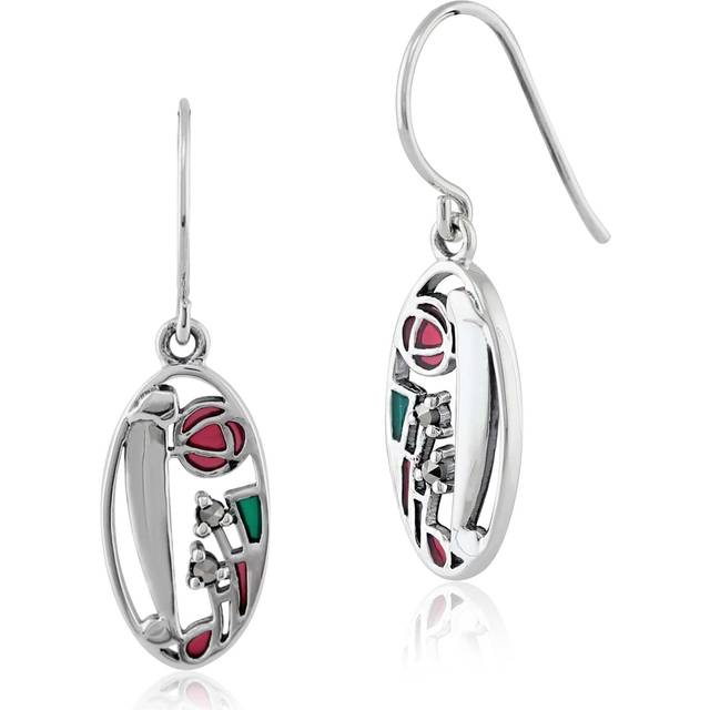 Rennie Mackintosh Round Marcasite & Enamel Drop Earrings in 925 Sterling Silver