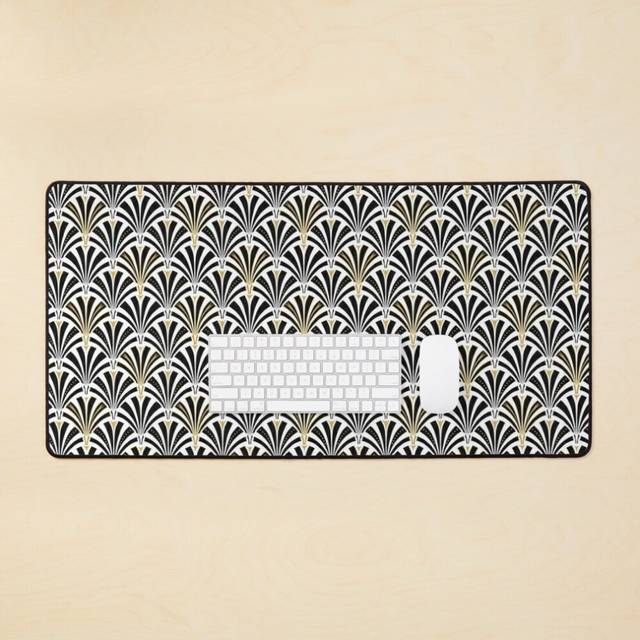 Desk Mat Art Deco fan pattern, black and white Large Gaming Mouse Pad 35x16 inch