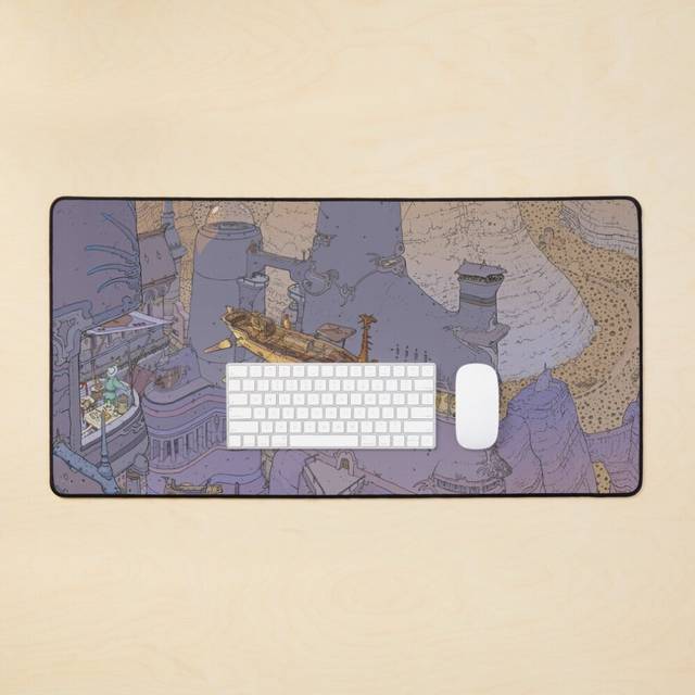 Desk Mat the world of edena,mountain,cliff,gondola,mountain, desert, shop, monumental,comic,moebius Large Gaming Mouse Pad 35x16 inch