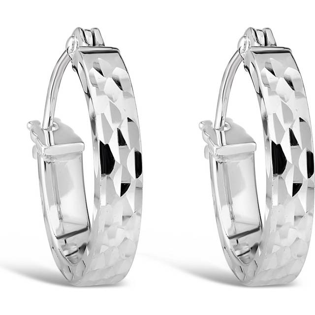 9ct White Gold Diamond Cut Hoop Earrings - One Size