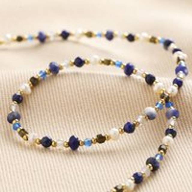 Blue Semi-Precious Stone Bead Necklace in Gold - blue/white/gold - one size