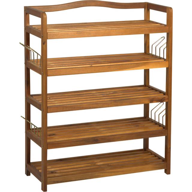 5-Tier Shoe Rack - Acacia Wooden Shoe Storage Organiser with Hangers - Holds up to 24 Pairs - for Entryway - Living Room - 64 x 26 x 82 cm - Teak Shel