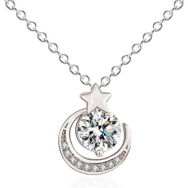(Silver) Moon with Star Pendant Necklace