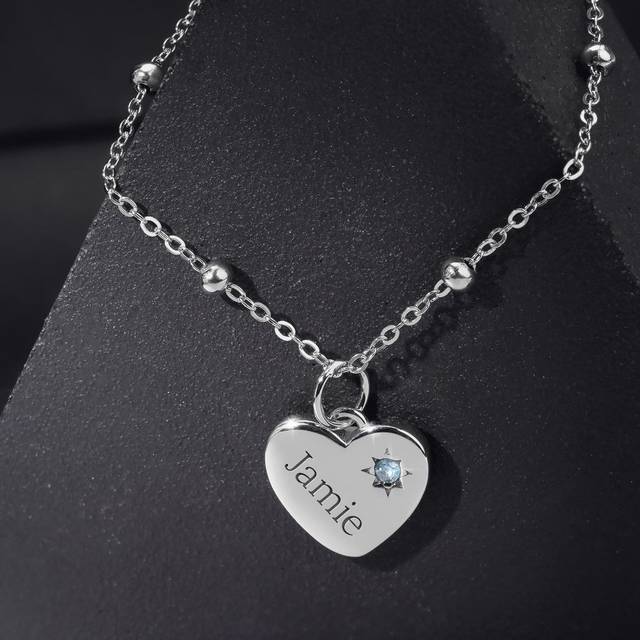 John Greed CANDY Love Silver Aquamarine Heart Handprint/Footprint Engraving Necklace For Women - silver