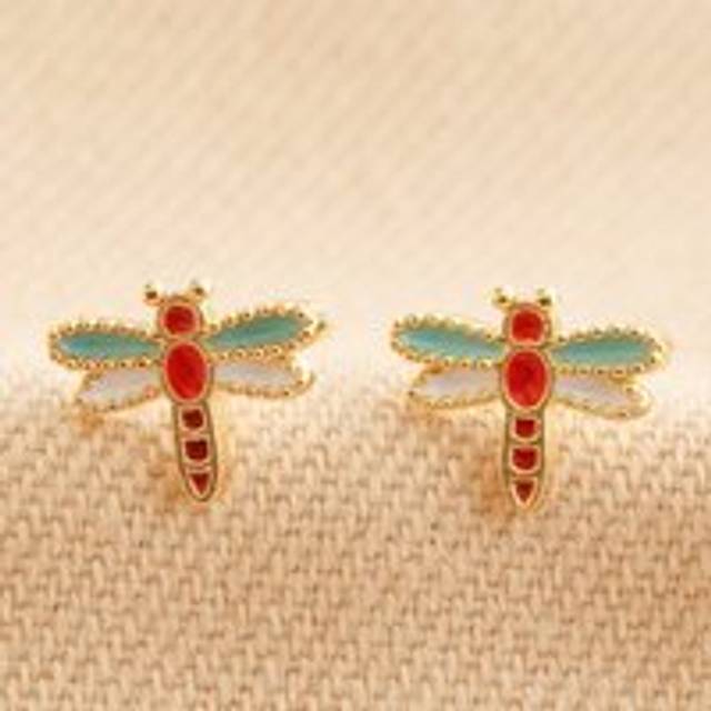Enamel Dragonfly Stud Earrings in Gold - gold/red/blue - one size