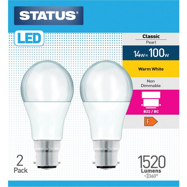 Pack of 2 Status LED 14W Non-Dimmable Classic Pearl Lightbulbs - Bayonet Cap / BC