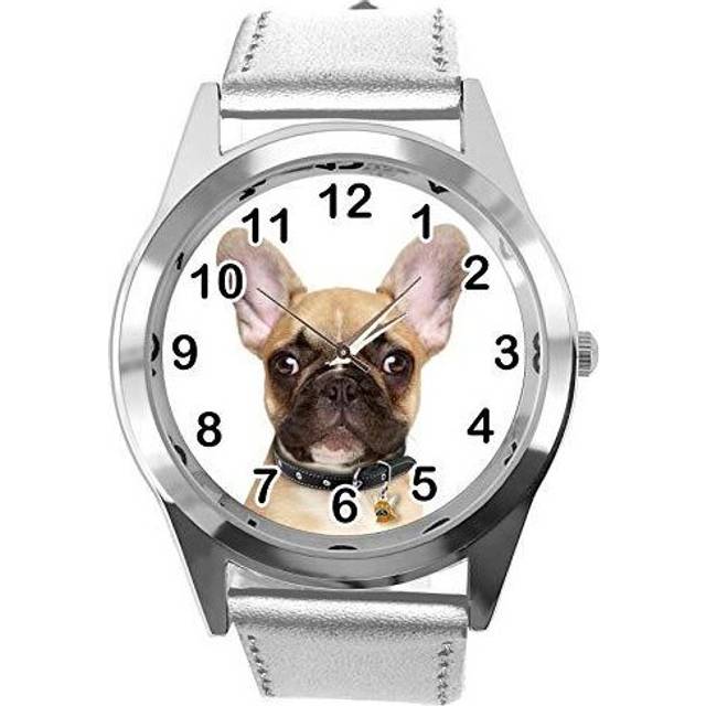Watch Analogue Quartz with Real Leather Band Silver Round for French Bulldog Fans