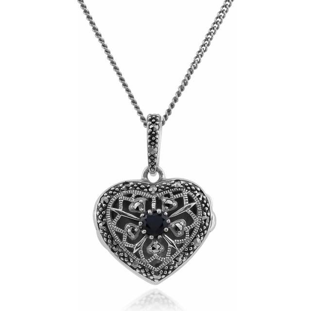 Art Nouveau Style Round Sapphire & Marcasite Heart Necklace in 925 Sterling Silver