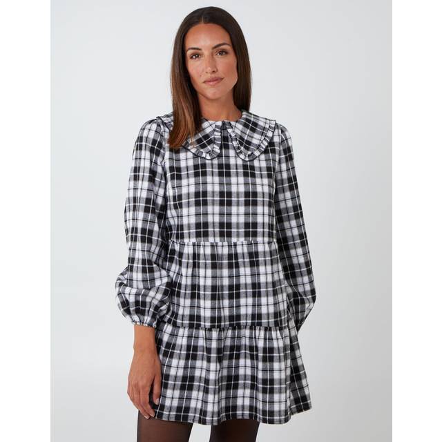 Blue Vanilla Womens SKY - Frill Collar Check Smock Dress - Black - Size 10 UK