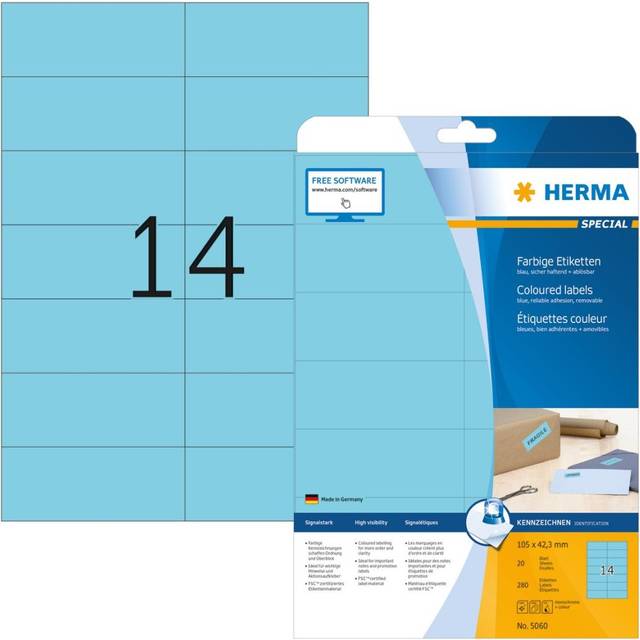 HERMA 5060 105x42.3mm Laser Paper Rectangular Coloured Labels - Matte Blue (280 Labels, 14 per Sheet)
