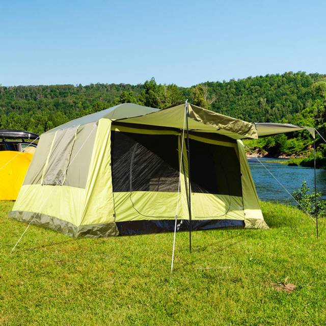 Outsunny Two Room Tunnel Tent with Porch for 4-8 Man - Yellow