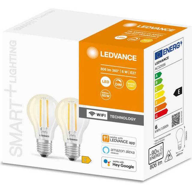 Ledvance Smart LED-ljus med WiFi-teknik, E27-bas, dimbar, varmvit (2700K), ersätter 60W glödlampor, kontrollerbar med Alexa, Google Assistant och Samsung SmartThings, SMART+, 2-pack