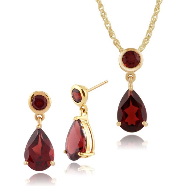 Classic Pear & Round Garnet Drop Earrings & Pendant Set in 9ct Gold