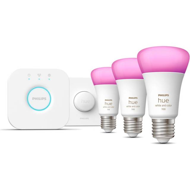 Philips Hue White and Color Ambiance startset - E27 (1100 lumen) x 3, 75W, Hue Smart button, Hue Bridge, Röststyrning via Google, Alexa eller Siri