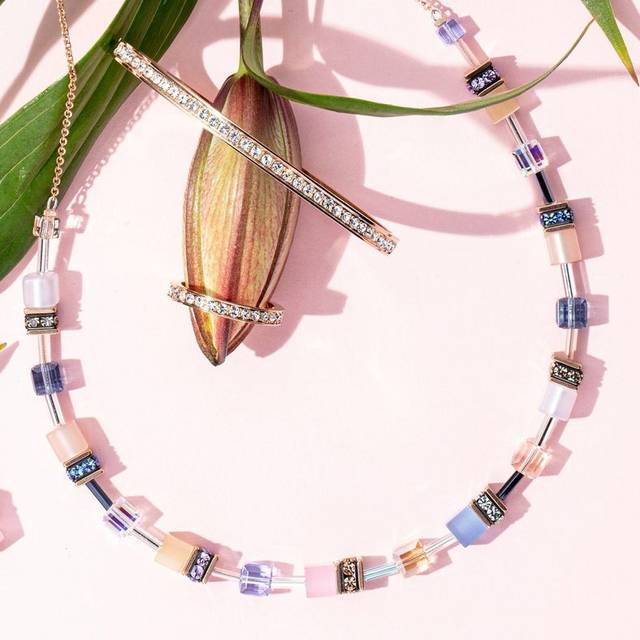 Coeur De Lion GeoCUBE Slider Necklace - Light Blue and Rose - Rose,Clear,White,Pink,Blue - Length 74cm adjustable, Thickness 0.6cm