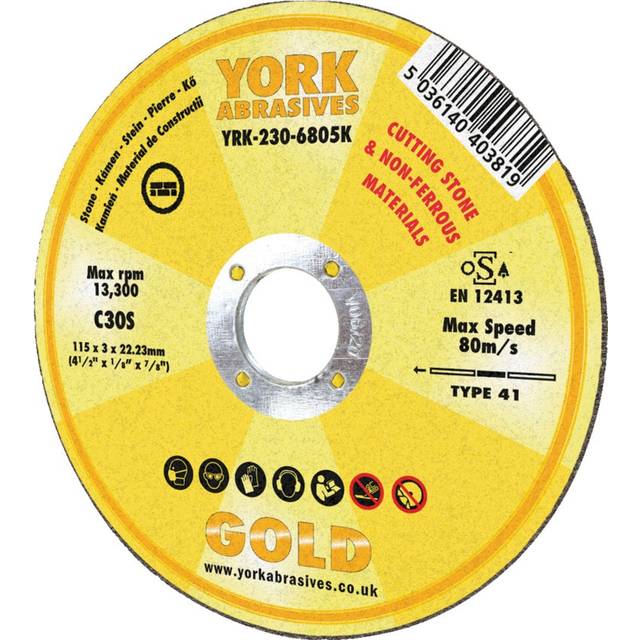 York Abrasives Gold 115 X 3 X 22MM C30 S Reinforce Cutting Discs for Stone - Typ