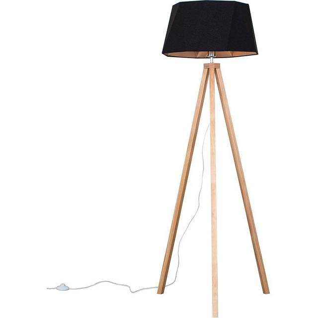 Light Wood Tripod Design Floor Lamp With Matt Black Copper Geometric Shade