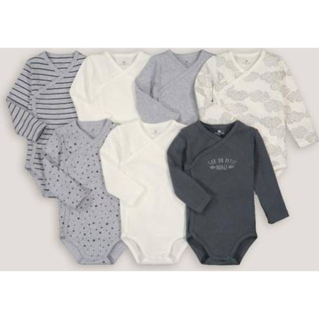 Pack of 7 Newborn Bodysuits in Cotton with Long Sleeves - Grey Marl+Ecru+Anthracite - TINY (45CM)