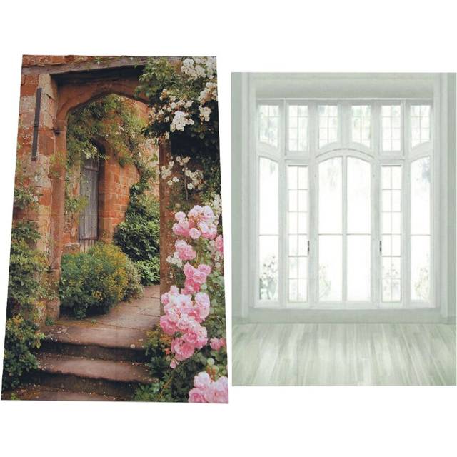 2Pcs 3X5Ft Art Photography Backdrop Studio - European Window Floor White & Pink Brick Arch Door Background