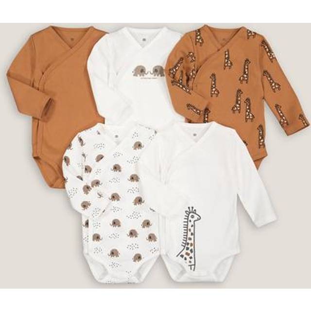 Pack of 5 Newborn Bodysuits in Cotton with Long Sleeves - Ecru + Brown - 1M (54CM)